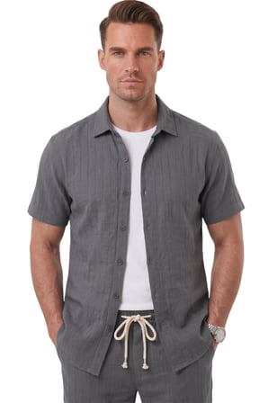 RizzUP Füme Slim Fit Çizgi Dokulu Keten Görünümlü Kısa Kol Erkek Spor Gömlek 2602648