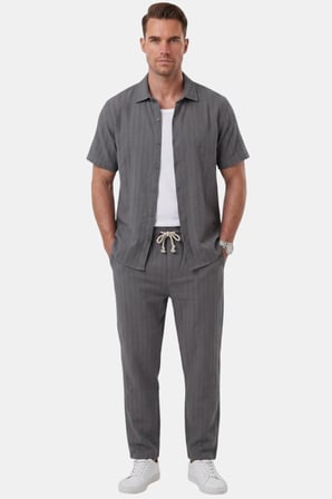 RizzUP Füme Slim Fit Çizgi Dokulu Keten Görünümlü Kısa Kol Erkek Spor Gömlek 2602648