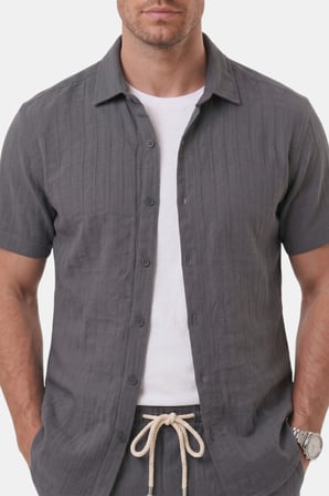 RizzUP Füme Slim Fit Çizgi Dokulu Keten Görünümlü Kısa Kol Erkek Spor Gömlek 2602648