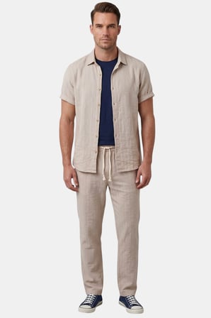 RizzUP Bej Slim Fit Çizgi Dokulu Keten Görünümlü Kısa Kol Erkek Spor Gömlek 2602648