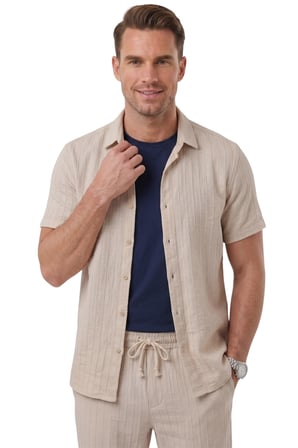 RizzUP Bej Slim Fit Çizgi Dokulu Keten Görünümlü Kısa Kol Erkek Spor Gömlek 2602648