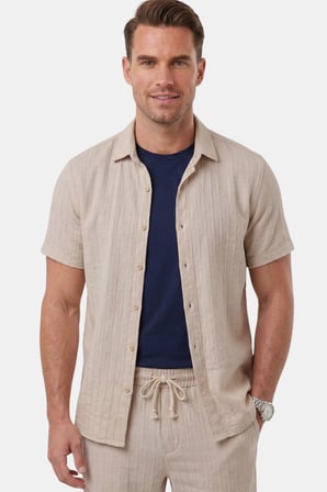 RizzUP Bej Slim Fit Çizgi Dokulu Keten Görünümlü Kısa Kol Erkek Spor Gömlek 2602648