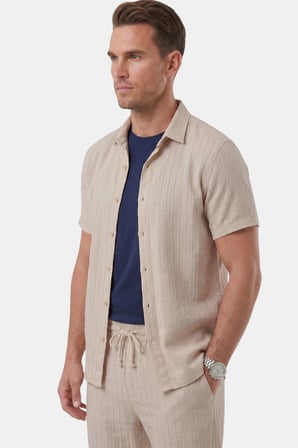 RizzUP Bej Slim Fit Çizgi Dokulu Keten Görünümlü Kısa Kol Erkek Spor Gömlek 2602648