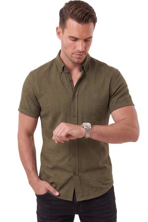 RizzUP Erkek Slim Fit Likralı Jakar Dokulu Haki Kısa Kol Gömlek – Esnek Nakış Armalı 2604356