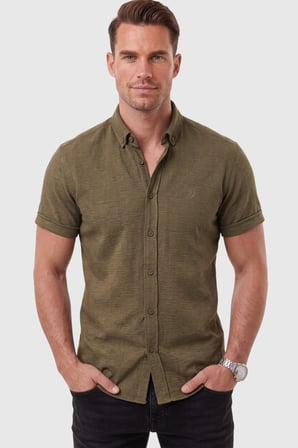 RizzUP Erkek Slim Fit Likralı Jakar Dokulu Haki Kısa Kol Gömlek – Esnek Nakış Armalı 2604356