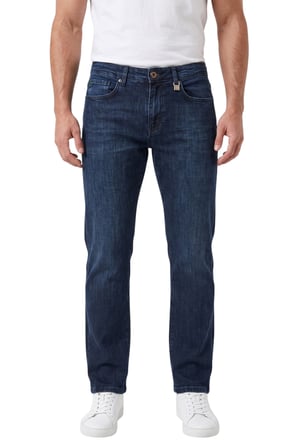 RizzUP Erkek Regular Fit Standart Kesim Likralı Taşlanmış Koyu Lacivert Kot Pantolon – Esnek Pamuklu Jean 2600982