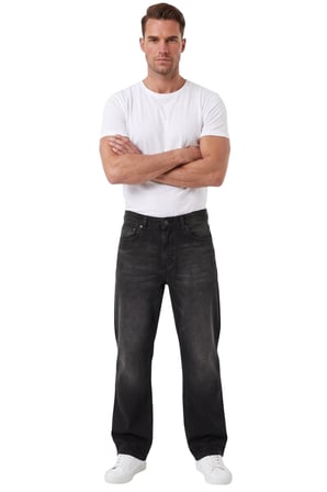 RizzUP Erkek Baggy Fit Likralı Siyah Kot Pantolon – Bol Kesim Geniş Paça Taşlanmış Jean 2600058