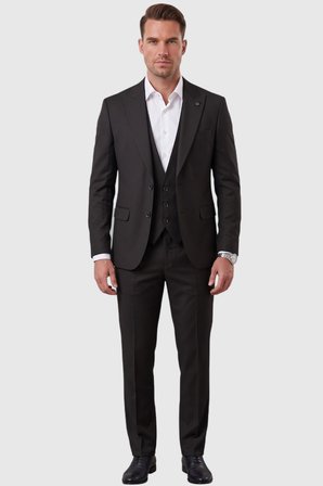 RizzUP Siyah Slim Fit Likralı 3’lü Takım Elbise Ceket Yelek Pantolon Modern Şık Tasarım 2601798