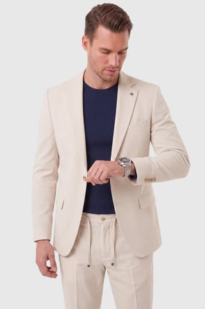RizzUP Erkek Slim Fit Dar Kesim Çizgili Gofre Kumaş Bej Takım Elbise – Tek Düğme İpli Pantolon 2602311