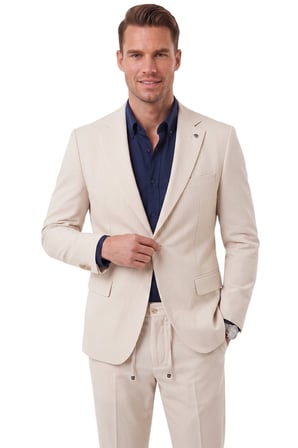 RizzUP Erkek Slim Fit Dar Kesim Çizgili Gofre Kumaş Bej Takım Elbise – Tek Düğme İpli Pantolon 2602311
