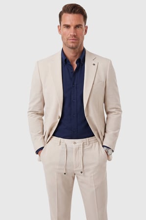 RizzUP Erkek Slim Fit Dar Kesim Çizgili Gofre Kumaş Bej Takım Elbise – Tek Düğme İpli Pantolon 2602311