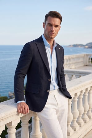 RizzUP Erkek Slim Fit Likralı Lacivert Blazer Ceket – Gofre Dokulu Esnek Çift Düğmeli Spor Ceket 2600813