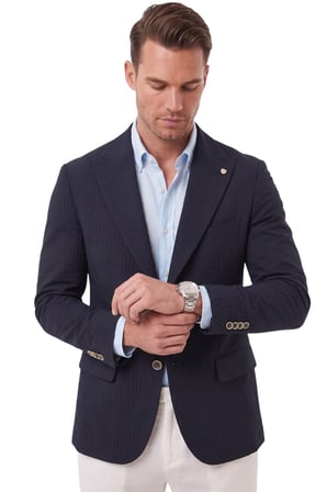 RizzUP Erkek Slim Fit Likralı Lacivert Blazer Ceket – Gofre Dokulu Esnek Çift Düğmeli Spor Ceket 2600813