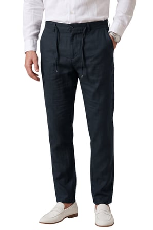 RizzUP Lacivert Slim Fit Likralı Keten Dokulu Lastikli Belli İpli Yazlık Erkek Pantolon 2603001