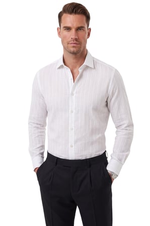 RizzUP Erkek Slim Fit %95 Pamuk Çizgi Dokulu Beyaz Ütü Gerektirmeyen Gömlek 2600002