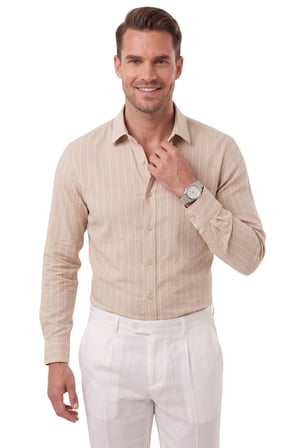 RizzUP Erkek Slim Fit %95 Pamuk Çizgi Dokulu Bej Ütü Gerektirmeyen Gömlek 2600002
