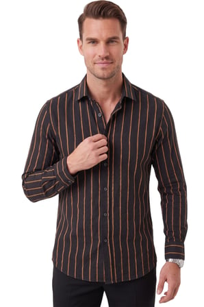 RizzUP Erkek %100 Pamuk Slim Fit Dar Kesim Keten Dokulu Çizgili Uzun Kollu Siyah Gömlek 2600034