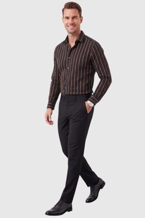 RizzUP Erkek %100 Pamuk Slim Fit Dar Kesim Keten Dokulu Çizgili Uzun Kollu Siyah Gömlek 2600034