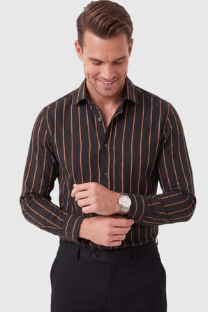 RizzUP Erkek %100 Pamuk Slim Fit Dar Kesim Keten Dokulu Çizgili Uzun Kollu Siyah Gömlek 2600034