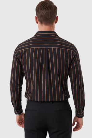 RizzUP Erkek %100 Pamuk Slim Fit Dar Kesim Keten Dokulu Çizgili Uzun Kollu Siyah Gömlek 2600034