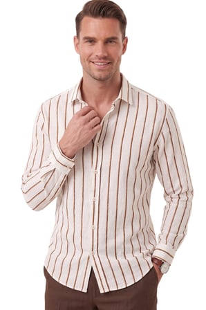 RizzUP Erkek %100 Pamuk Slim Fit Dar Kesim Keten Dokulu Çizgili Uzun Kollu Kahve Gömlek 2600034