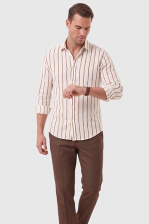 RizzUP Erkek %100 Pamuk Slim Fit Dar Kesim Keten Dokulu Çizgili Uzun Kollu Kahve Gömlek 2600034