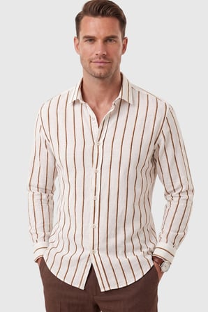 RizzUP Erkek %100 Pamuk Slim Fit Dar Kesim Keten Dokulu Çizgili Uzun Kollu Kahve Gömlek 2600034