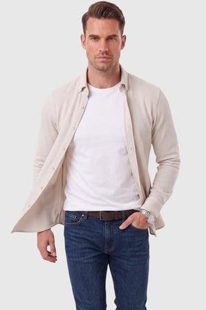 RizzUP Erkek %97 Pamuk Slim Fit Dar Kesim Petek Dokulu Likralı Örme Bej Gömlek 2600707