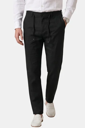 RizzUP Siyah Slim Fit Likralı Keten Dokulu Lastikli Belli İpli Yazlık Erkek Pantolon 2603001