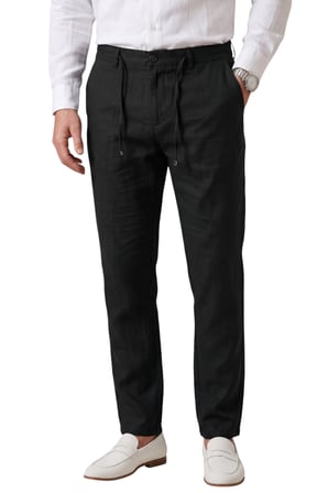 RizzUP Siyah Slim Fit Likralı Keten Dokulu Lastikli Belli İpli Yazlık Erkek Pantolon 2603001