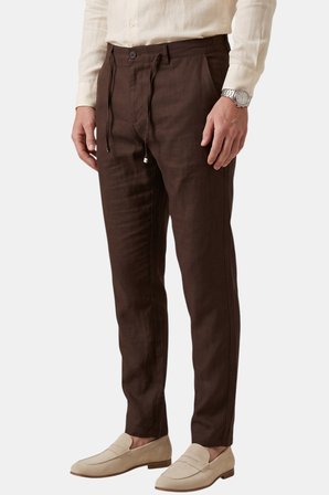 RizzUP Kahve Slim Fit Likralı Keten Dokulu Lastikli Belli İpli Yazlık Erkek Pantolon 2603001