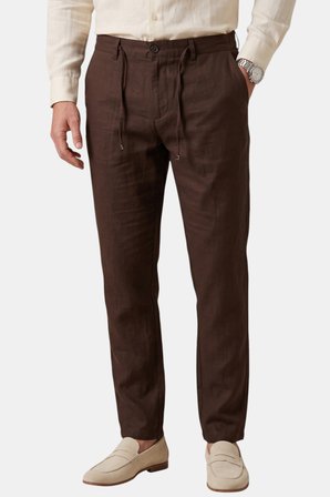 RizzUP Kahve Slim Fit Likralı Keten Dokulu Lastikli Belli İpli Yazlık Erkek Pantolon 2603001