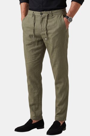 RizzUP Yeşil Slim Fit Likralı Keten Dokulu Lastikli Belli İpli Yazlık Erkek Pantolon 2603001