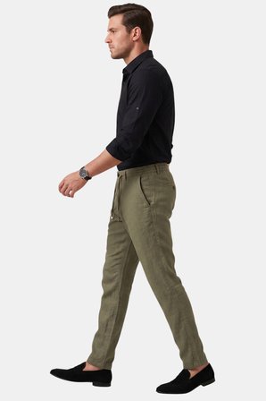 RizzUP Yeşil Slim Fit Likralı Keten Dokulu Lastikli Belli İpli Yazlık Erkek Pantolon 2603001