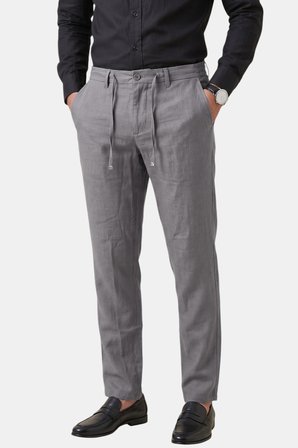 RizzUP Gri Slim Fit Likralı Keten Dokulu Lastikli Belli İpli Yazlık Erkek Pantolon 2603001