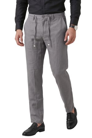 RizzUP Gri Slim Fit Likralı Keten Dokulu Lastikli Belli İpli Yazlık Erkek Pantolon 2603001