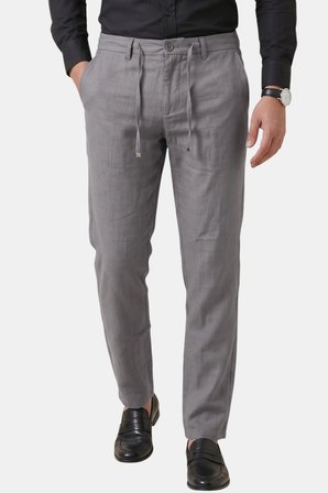RizzUP Gri Slim Fit Likralı Keten Dokulu Lastikli Belli İpli Yazlık Erkek Pantolon 2603001