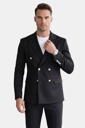 RizzUP Erkek Siyah Slim Fit Kruvaze Takım Elbise Likralı Çizgili Dokulu Metal Düğmeli 2600820