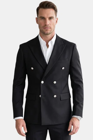 RizzUP Erkek Siyah Slim Fit Kruvaze Takım Elbise Likralı Çizgili Dokulu Metal Düğmeli 2600820