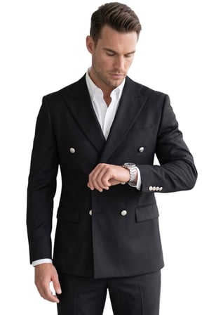 RizzUP Erkek Siyah Slim Fit Kruvaze Takım Elbise Likralı Çizgili Dokulu Metal Düğmeli 2600820
