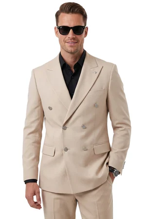 RizzUP Erkek Bej Slim Fit Kruvaze Takım Elbise Likralı Çizgili Dokulu Metal Düğmeli 2600820