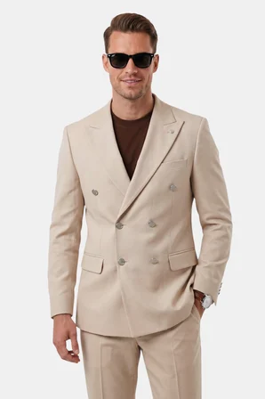 RizzUP Erkek Bej Slim Fit Kruvaze Takım Elbise Likralı Çizgili Dokulu Metal Düğmeli 2600820