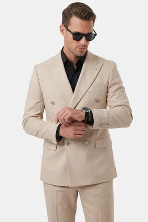 RizzUP Erkek Bej Slim Fit Kruvaze Takım Elbise Likralı Çizgili Dokulu Metal Düğmeli 2600820