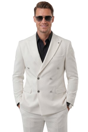 RizzUP Erkek Beyaz Slim Fit Kruvaze Takım Elbise Likralı Çizgili Dokulu Metal Düğmeli 2600820