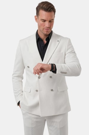 RizzUP Erkek Beyaz Slim Fit Kruvaze Takım Elbise Likralı Çizgili Dokulu Metal Düğmeli 2600820