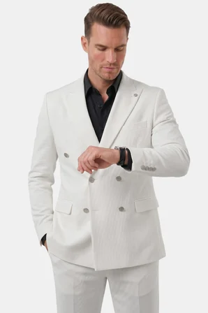RizzUP Erkek Beyaz Slim Fit Kruvaze Takım Elbise Likralı Çizgili Dokulu Metal Düğmeli 2600820