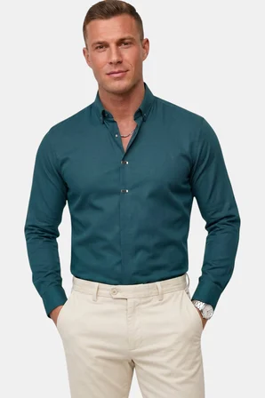 RizzUP Yeşil Slim Fit Likralı Kolay Ütülenebilir Gizli Düğmeli Erkek Gömlek 2602614