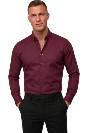 RizzUP Bordo Slim Fit Likralı Kolay Ütülenebilir Gizli Düğmeli Erkek Gömlek 2602614