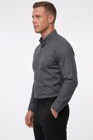 RizzUP Antrasit Slim Fit Likralı Kolay Ütülenebilir Gizli Düğmeli Erkek Gömlek 2602614
