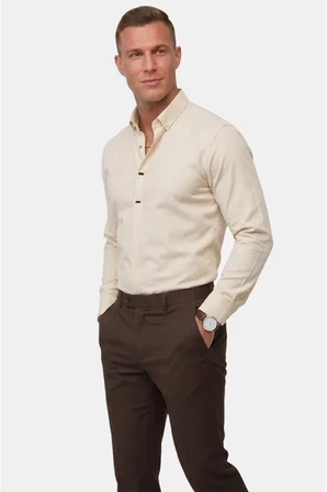 RizzUP Krem Slim Fit Likralı Kolay Ütülenebilir Gizli Düğmeli Erkek Gömlek 2602614